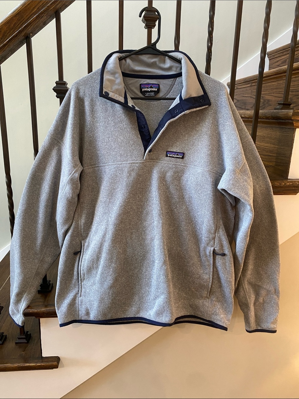 Patagonia Light Gray Snap-T Pullover with Navy Trim